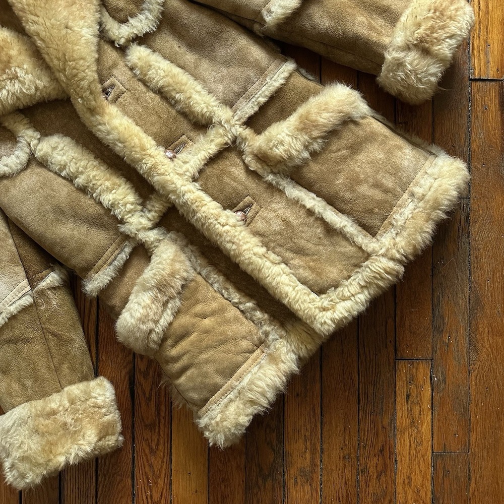 Vtg 70s Shearling Milano Lambskin Sheepskin Patchwork Coat Women 34 S Beige Tan - Picture 3 of 12